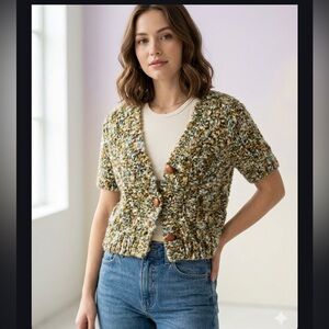 Anthropologie Green and Brown Short Sleeve Cardigan